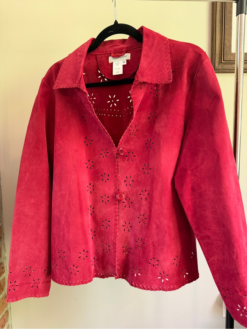 Real Leather Suede Red Floral Eyelet Laser-Cut Button Front Vintage Jacket